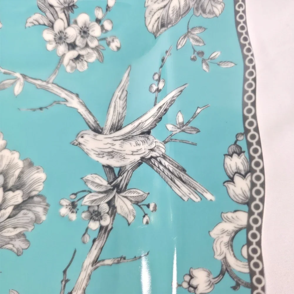 222 Fifth Adelaide Salad Plate Turquoise Floral Bird 8.6" Porcelain Square - Picture 2 of 5